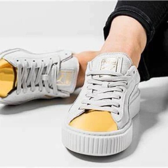 Puma Suede Platform Cream Gold Toe - Picture 2 of 12